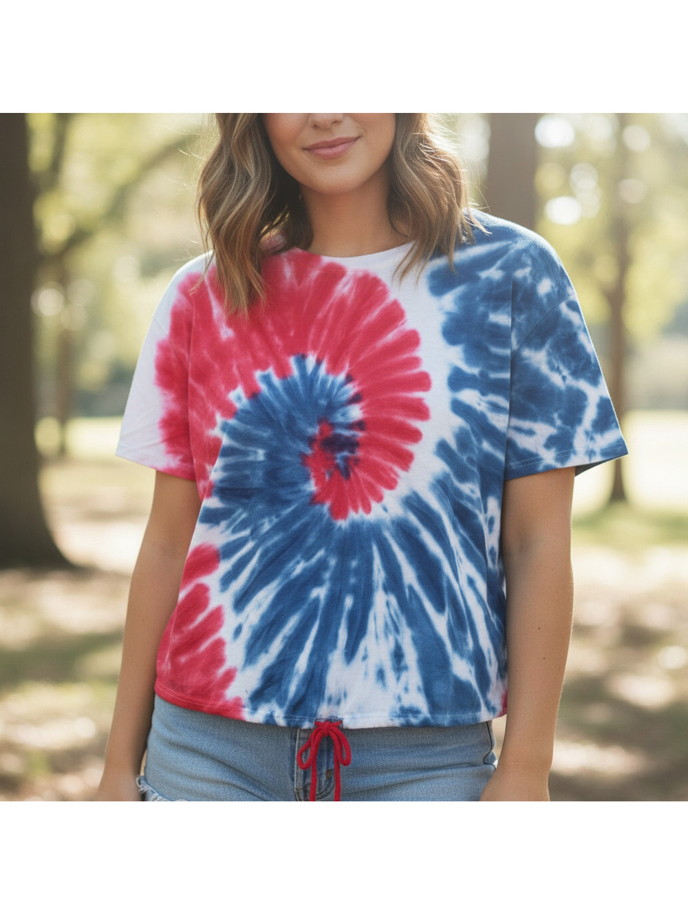 No Boundaries XL Tie Dye Red White & Blue Drawstring Summer Top - 4th of July